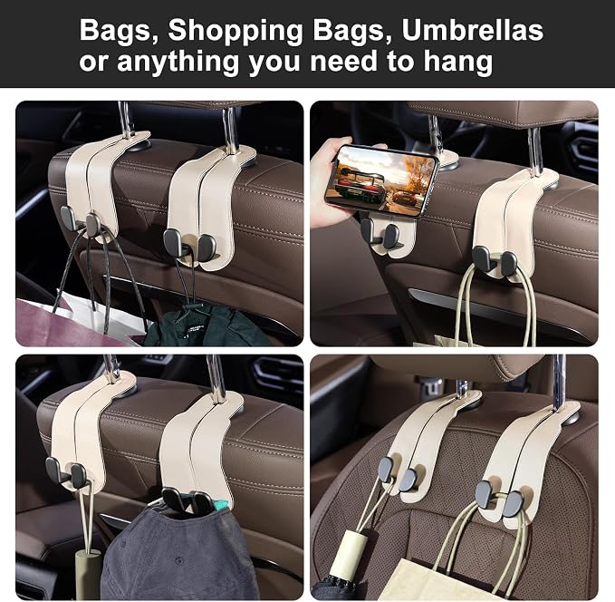 CoBak Headrest Hooks for Car - Universal Premium Stitched Leather and Aluminum-Magnesium Alloy Double Car Seat Back Storage Hook for Purses, Handbags, Bags (2 Pack),Beige