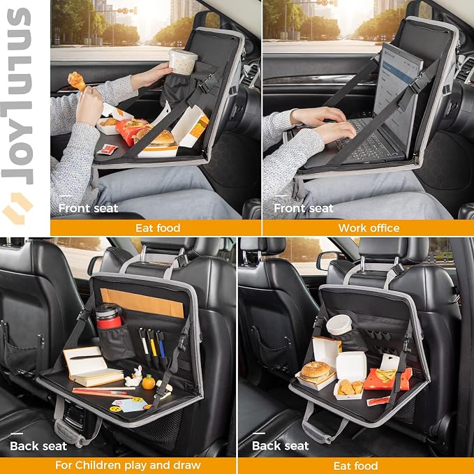JOYTUTUS 3 in 1 Steering Wheel Eating Tray (Gray), Car Back Seat Laptop Desk, Multifunctional Office Bag, Car Work Table for Writing, Car Organizer for Kids, Commuters, Family
