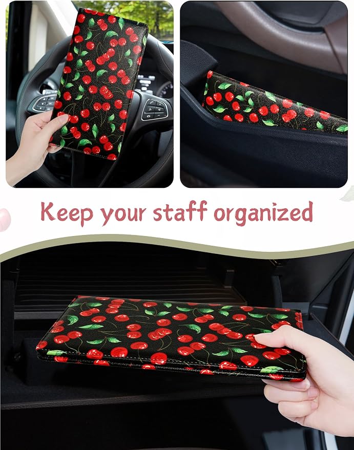Mymazn Car Registration and Insurance Holder, PU Leather Glove Box Car Organizer with Magnetic Closure, Car Document Holder for Driver's License & Essential Documents (Red Cherry)