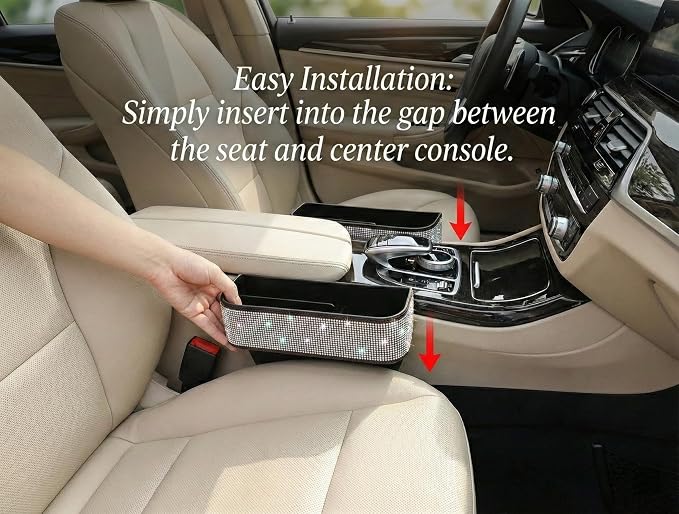 Bling Bling Car Seat Organizer Front Seat Gap Filler with Crystal Rhinestones Diamond, PU Leather Car Seat Console Storage Organizer for Car Accessories (Silver)