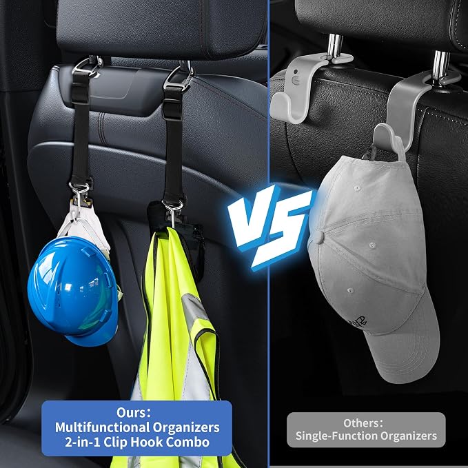 Car Seat Headrest Hooks, Adjustable Purse Hook for Car with Hat Clip, 100 LBS Heavy Duty Metal Headrest Hooks for Car to Hold Bags & Caps, Easy Install Backseat Organizer (4 Pack)