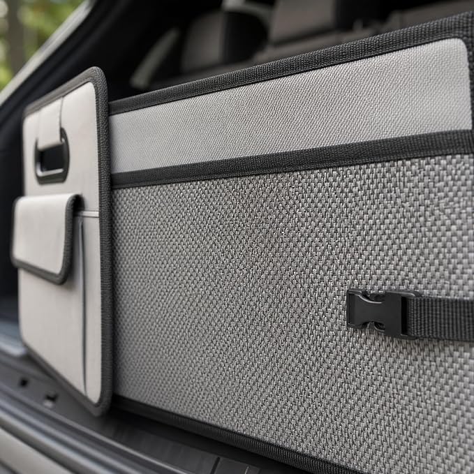 Car Trunk Organizer Basket with Front & Side Pockets | Foldable Waterproof Oxford Cloth for SUV & Truck | Durable Large Capacity Storage Box with Velcro Dividers & Secure Buckles（Grey）