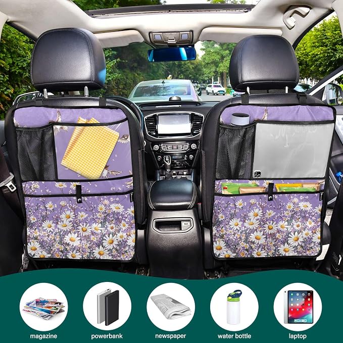 Purple Daisy Flowers and Flying Birds 1 Pack Backseat Car Organizer with Storage Pockets Seat Back Organizers for Kids Kick Mats Backseat Protector Automotive