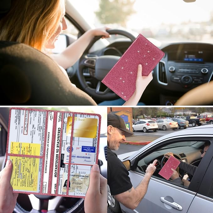 TILDOSAC 2Pack Leather Car Registration and Insurance Card Holder, Car Document Holder for Cards License with Magnetic Shut (Glitter Purple)