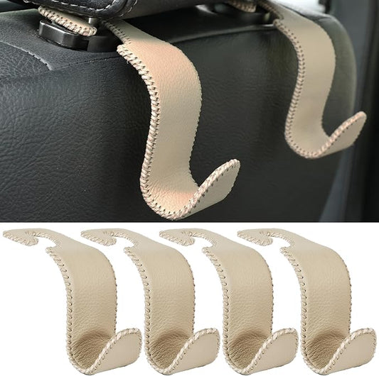 Amooca Car Seat Headrest Hook 4 Pack Metal Core Hanger Universal Car Storage Organizer for Handbag Purse Coat S Type Leather Beige