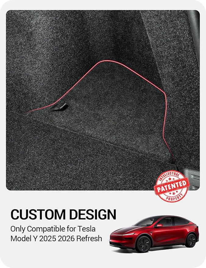 BASENOR 2025 2026 Tesla Model Y Trunk Storage Bins, (Proprietary Design) Trunk Organizer with Carpeted Lid, Rear Trunk Side Storage Box for 5-Seats Model Y Juniper Interior Accessories