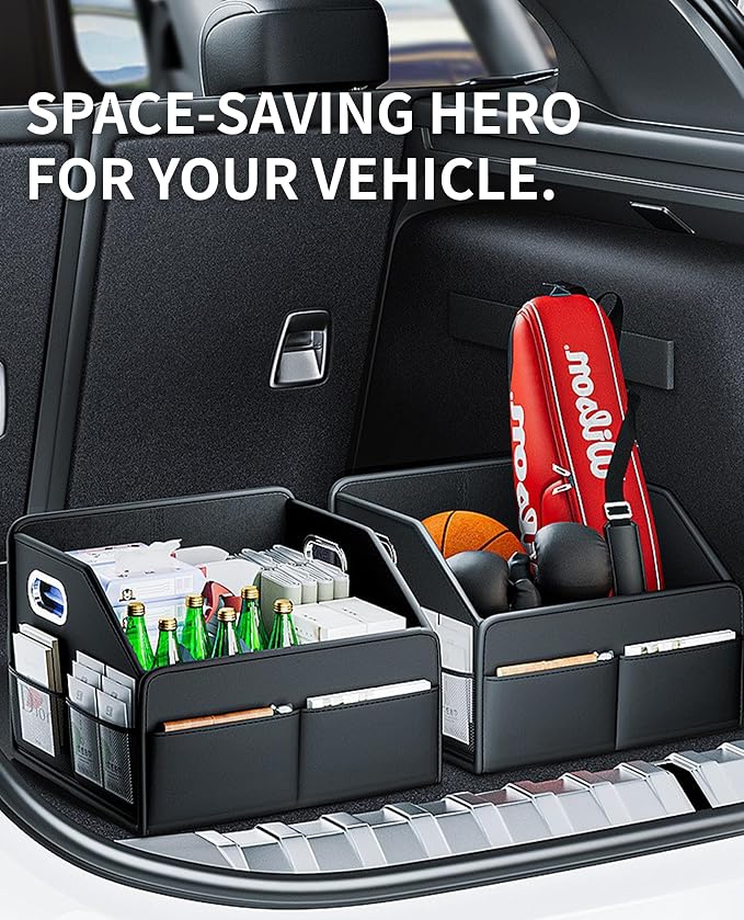 Car Storage Organizer, Foldable with Removable Dividers, PU Leather Seat Organizer with Metal Handle, Non-Slip Stable Design, Passenger Front Seat Storage for Back Seat & Floor, 12.6 Inches
