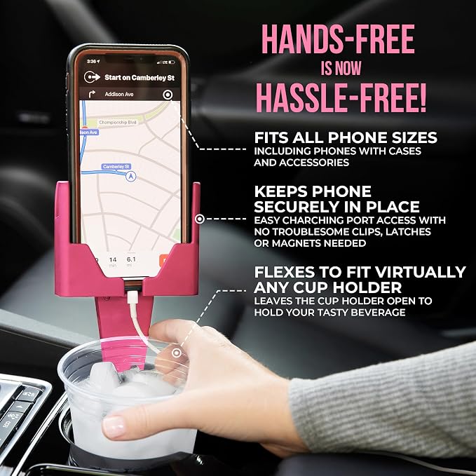 Cup Holder Phone Holder Mount for Car - Universal Adjustable Expander Cradle Hands-Free Driving - Compatible with All Smartphones Car Mount for iPhone Samsung Google Android Mobile Accessories Pink