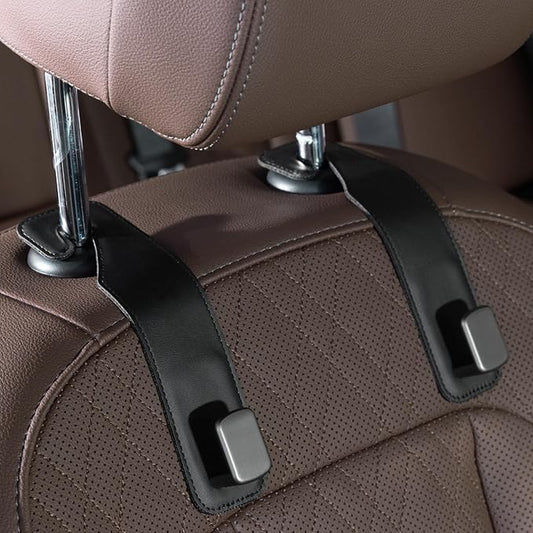 CoBak Headrest Hooks for Car - Universal Premium Stitched Leather and Aluminum-Magnesium Alloy Single Car Seat Back Storage Hook for Purses, Handbags, Bags (2 Pack),Black