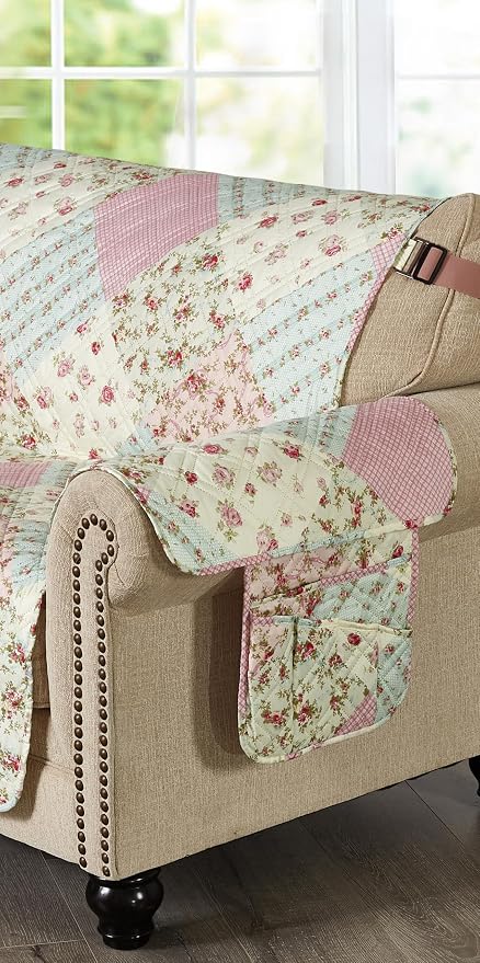 Brilliant Sunshine Pink and Green Roses Patchwork Couch Armrest Organizer, Non Slip Armchair Caddy for Sofa Recliner, Washable Remote Control Holder, Storage for Magazine, Phone, iPad (35"×13")
