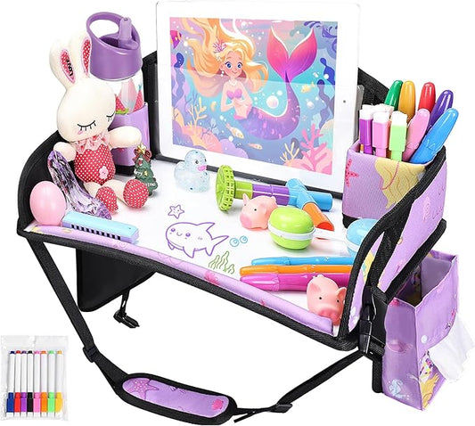 Kids Travel Tray for Car Airplane - Toddler Car Seat Table Tray, Road Trip Essentials for Boys & Girls, Carseat Lap Desk for Kids Road Trip Activities (Purple Mermaid)