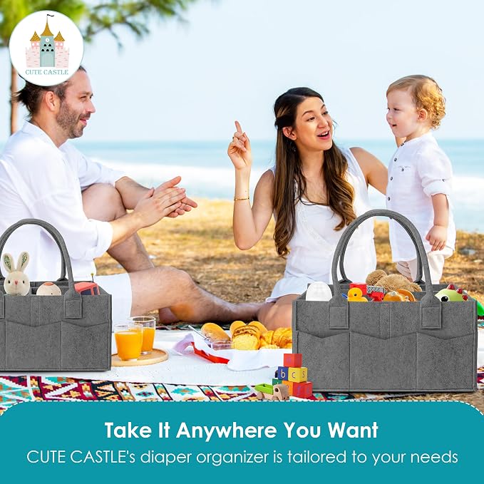 Cute Castle 2 Pack Diaper Caddy Organizer - Portable Baby Caddy Organizer with Handle, Nursery Storage Bin and Car Organizer for Girls, Boys - Baby Gift Basket - Dark Grey, Large