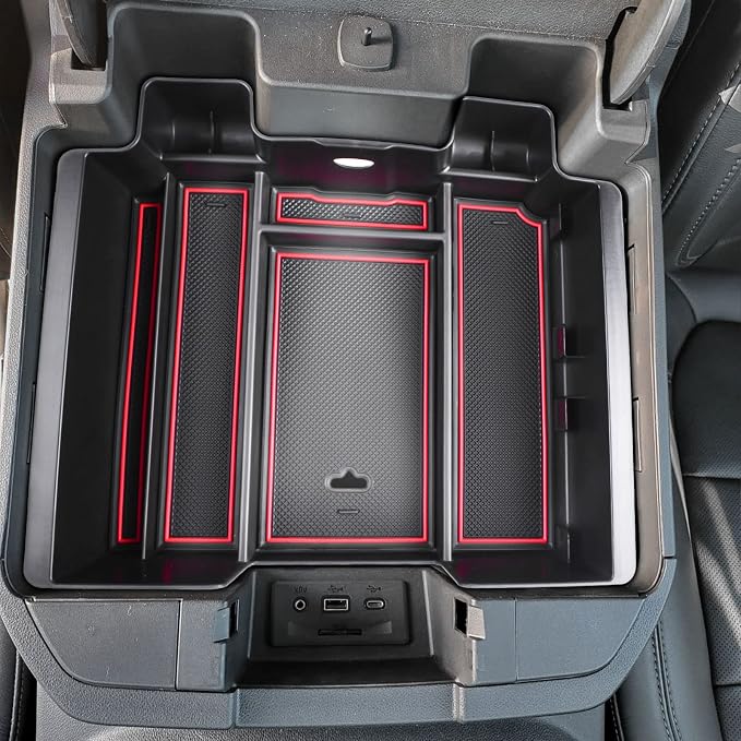 [Full-Coverage ] Center Console Organizer Compatible with 2019-2022 Chevy Silverado 1500/GMC Sierra 1500 and 2020-2023 Silverado/Sierra 2500/3500HD Accessories, Armrest Insert Tray, Red