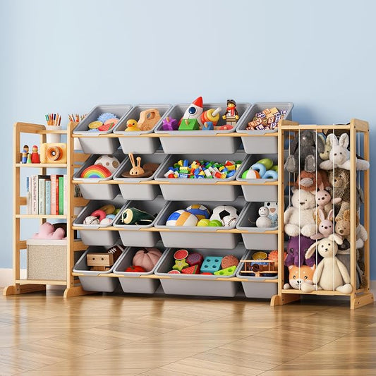 Toy Storage Organizer with Bookshelf and Stuffed Animal Storage - Kids Playroom Organization with Shelves and 16 Toy Bins - Toddler Living Room Toy Box for Lego - Nursery Bedroom Decor Essential