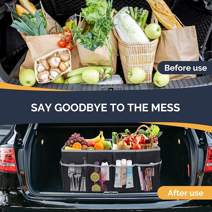 MIU COLOR Car Trunk Organizer, Foldable Car Organizer, 12 Pockets with Non-Slip Bottom, Collapsible 2 Compartments Car Storage Organizer for Grocery/Suv/Jeep/Sedan/Van, Dark Gray