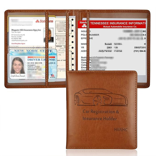 Car Registration and Insurance Holder, 5.5 x 5 Inch PU Leather Vehicle Glove Box Organizer Wallet Case Organizer for Insurance Card, Driver License, Essential Document, Paperwork