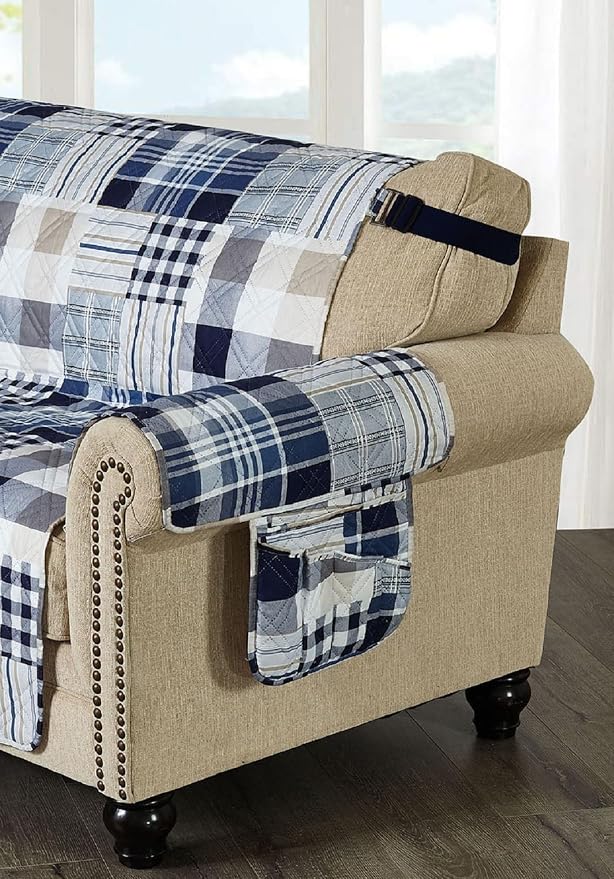 Brilliant Sunshine Blue Plaids and Stripes Patchwork Couch Armrest Organizer, Non Slip Armchair Caddy for Sofa Recliner, Washable Remote Control Holder, Storage for Magazine, Phone, iPad (35"×13")