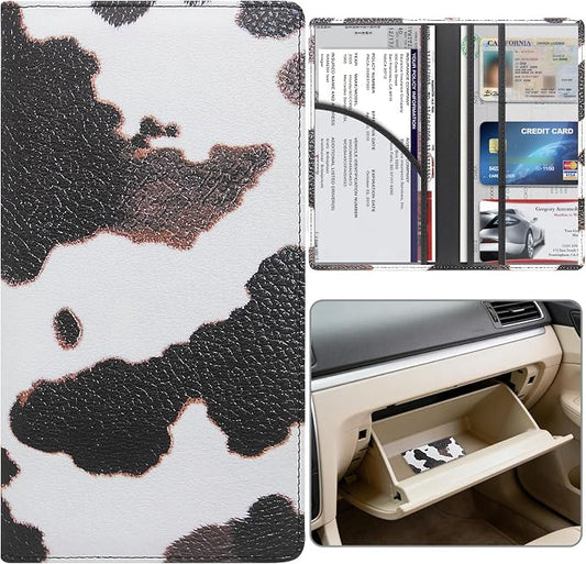 Car Registration and Insurance Holder, Premium Pu Leather Vehicle Glove Box Organizer - for Driver License, Cards & Essential Documents (L-Cow)