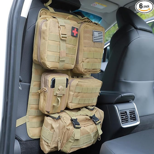 tactical car seat back organizer and storage truck seat covers with a Molle Vehicle Panel and 5 Different Size Molle Pouches for most models such as Jeep,SUV,Pickup(Khaki)