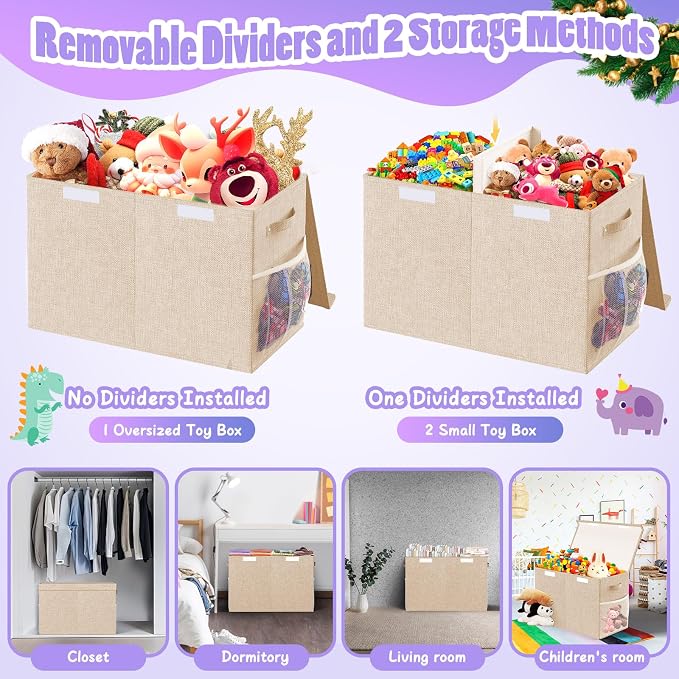 Large Toy Storage Box with Lid Divider, Sturdy Collapsible Toys Organizer Chest Kids Storage Bins Boxes Baskets for Boys, Girls, Nursery, Bedroom, Living Room, Playroom, 25"x13"x16", Beige