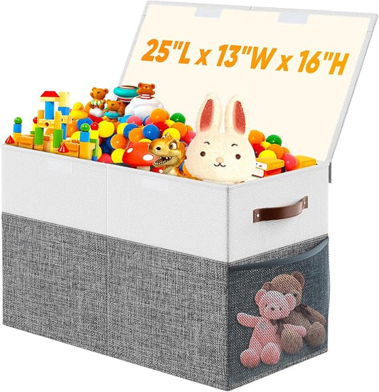 Large Toy Storage Box with Lid Divider, Sturdy Collapsible Toys Organizer Chest Kids Storage Bins Boxes Baskets for Boys, Girls, Nursery, Bedroom, Living Room, Playroom, 25"x13"x16", Gray and White