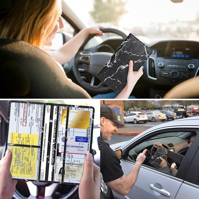 TILDOSAC 2Pack Leather Car Registration and Insurance Card Holder, Car Document Holder for Cards License with Magnetic Shut (Marble Black)
