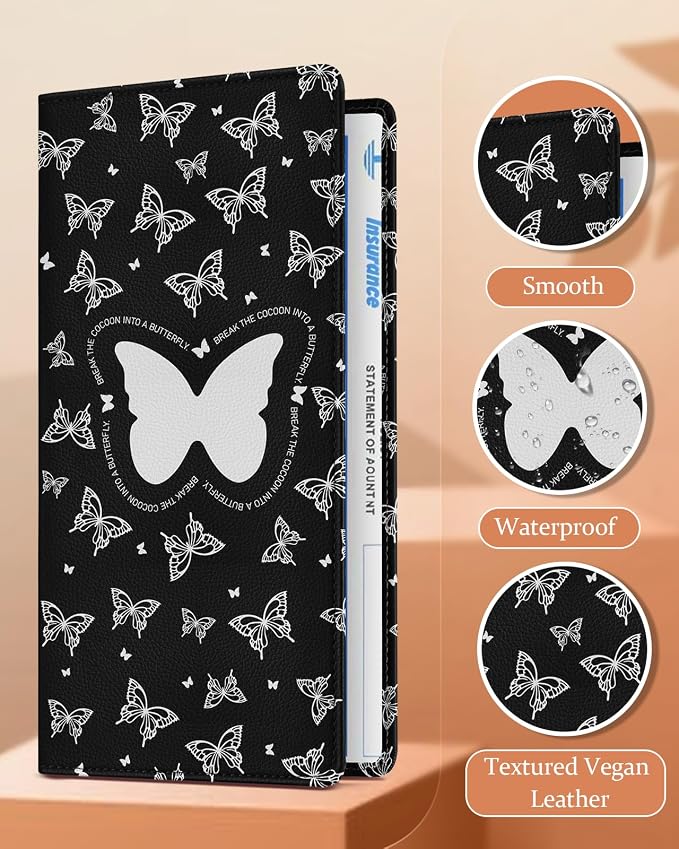 Slohif Car Registration and Insurance Card Holder - Butterfly Vehicle Glove Box Organizer Women with Magnetic Shut Leather Automobile License Holders Coasters Auto Accessories Case for Document