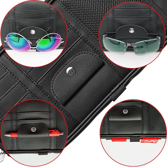 Car Sun Visor Organier Truck SUV Sun Visor Storage Pocket Pouch Holder, Multi-Pocket PU Leather with Zipper Net, for Cards Pens Sunglasses Document (Black)