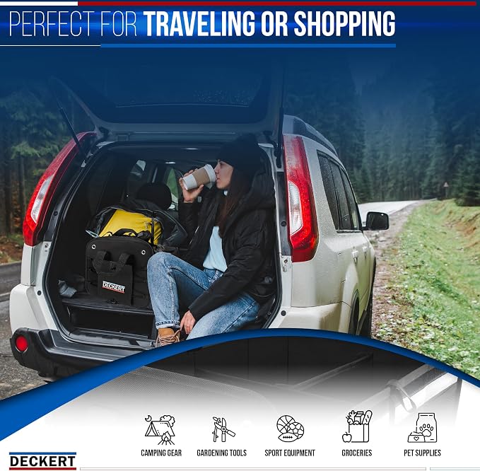 Deckert 61L Car SUV Trunk Organizer, 600D Oxford Polyester, Collapsible, Multi compartments, Securing straps, Suitable for any car type, Black with Reflective Stripes