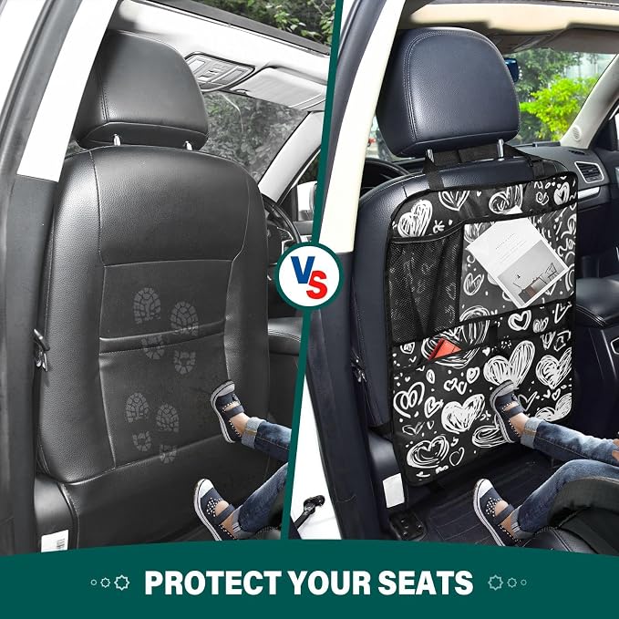 White Dodle Hearts 2 Pack Backseat Car Organizer with Storage Pockets Seat Back Organizers for Kids Kick Mats Backseat Protector Automotive