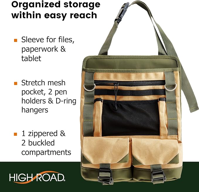 High Road Cotton Canvas Front Seat Organizer with Tablet and File Compartments, 9-pocket Car Office Passenger Seat Organizer