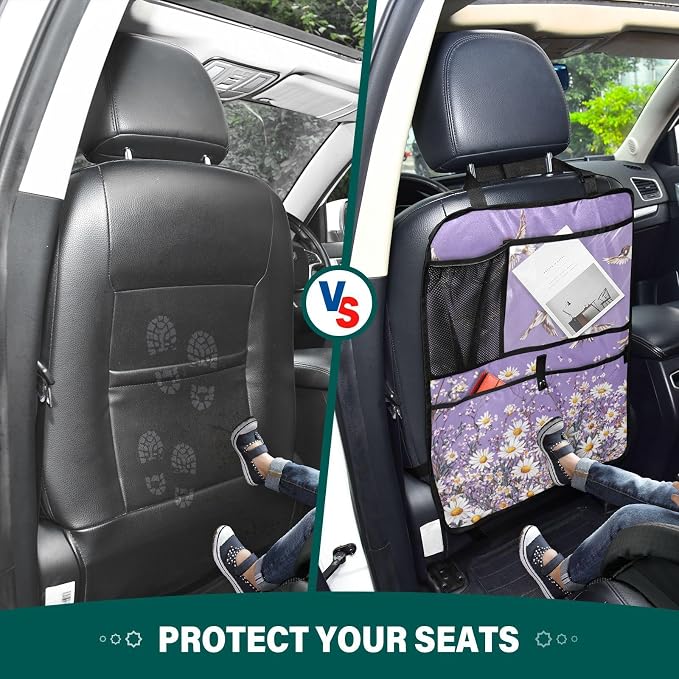 Purple Daisy Flowers and Flying Birds 2 Pack Backseat Car Organizer with Storage Pockets Seat Back Organizers for Kids Kick Mats Backseat Protector Automotive