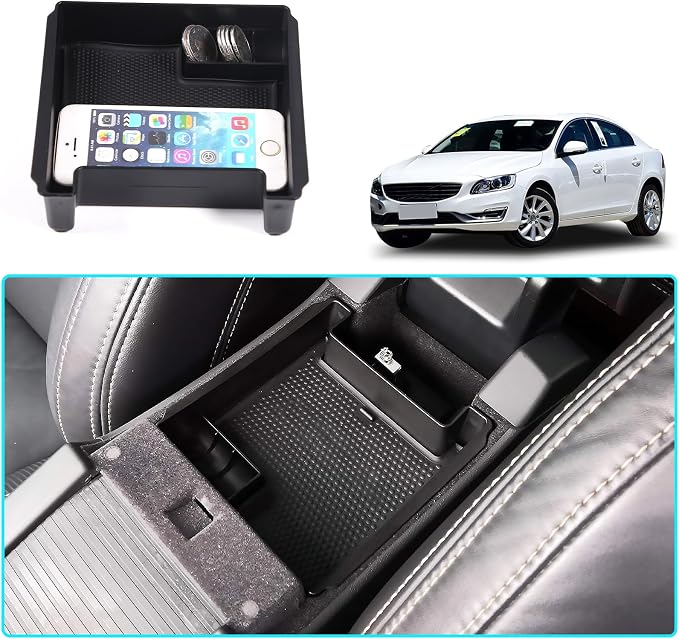 Black Armrest Storage Box Center Console Organizers Phone Tray with Mat and Logo Fit for Volvo S60 S60L V60 XC60 2009-2017