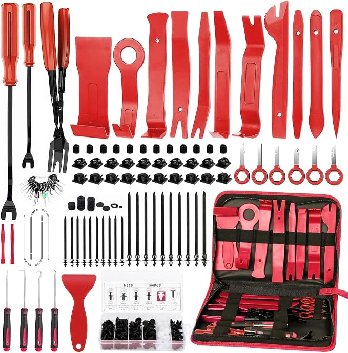 GLK 248pcs Trim Removal Tool, Pry Tool, Door Panel Radio/Stereo Terminal Removal Tool Kit, Fasteners Remover, with Car Retainer Bumper Clips,Automotive Hook Set, Blue