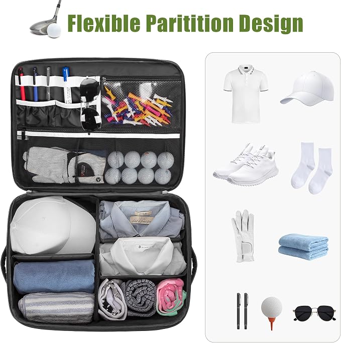 PGmoon 2 Layer Golf Trunk Organizer, Golf Car Storage Organizer with Individual Ventilated Compartment for 2 Pairs Shoes, Golf Car Locker for Balls, Clothes, Tees, Gloves, Accessories (White)