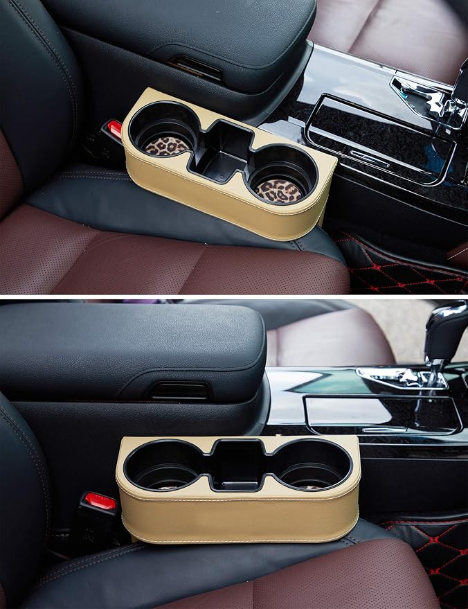 Car Seat Organizer Cup Drink Holders,Multifunctional Gap Filler Storage Box,Insert Organization Helps Reduce Distracted Driving&Holds Phone Mount Mug Bottle Cellphone Coaster Wallet Card (XBD-Beige)