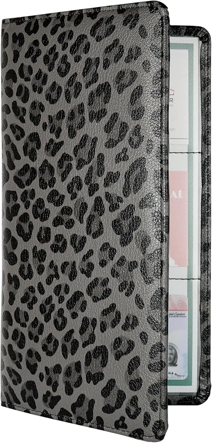 Mymazn Car Registration and Insurance Holder, PU Leather Glove Box Car Organizer with Magnetic Closure, Car Document Holder for Driver's License & Essential Documents (Grey Leopard)