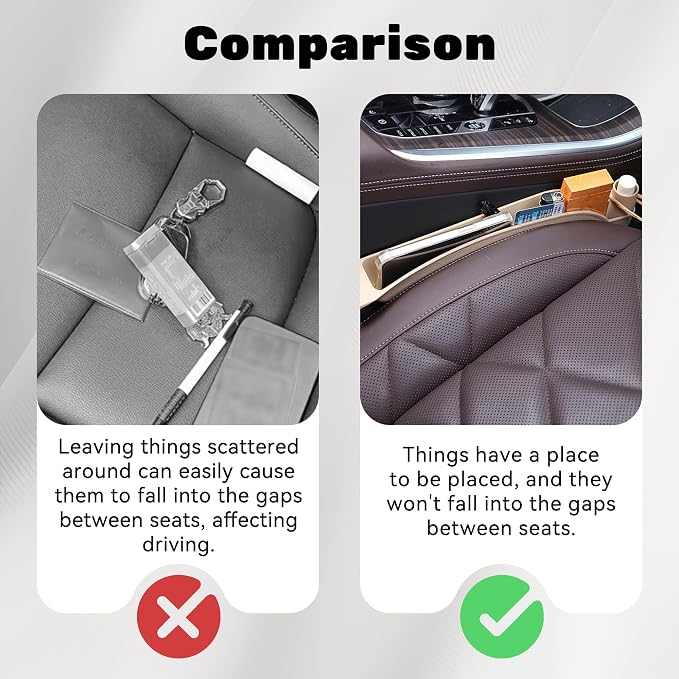 2PCS Car Seat Gap Filler Organizer, Multifunctional Seat Side Gap Filler Between Seat and Console, with Organizer & Hook Function for Avoiding Dropped Items, Universal Fits (Beige)