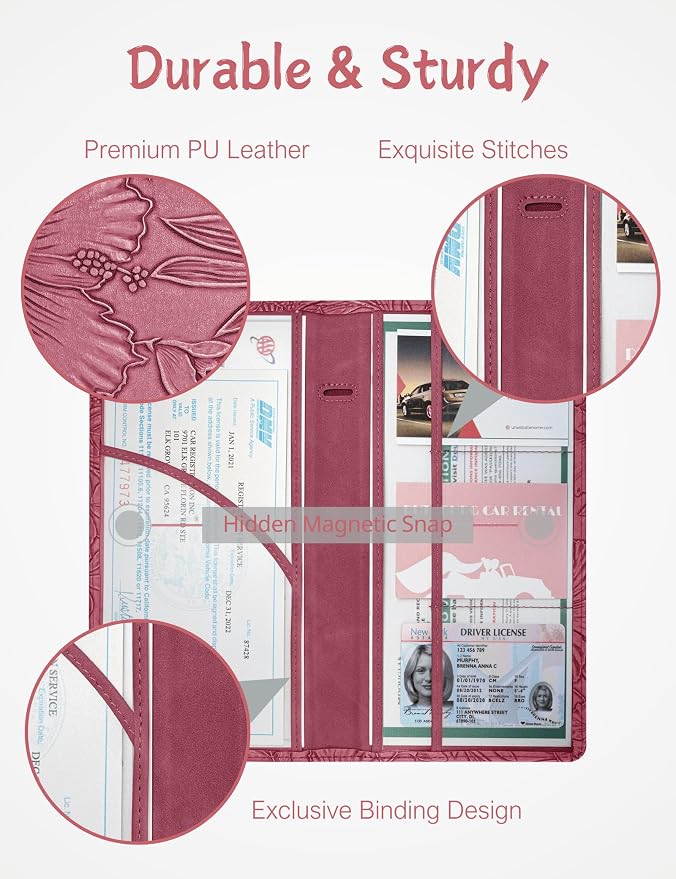Mymazn Car Registration and Insurance Holder, PU Leather Glove Box Car Organizer with Magnetic Closure, Car Document Holder for Driver's License & Essential Documents (Floral Red)