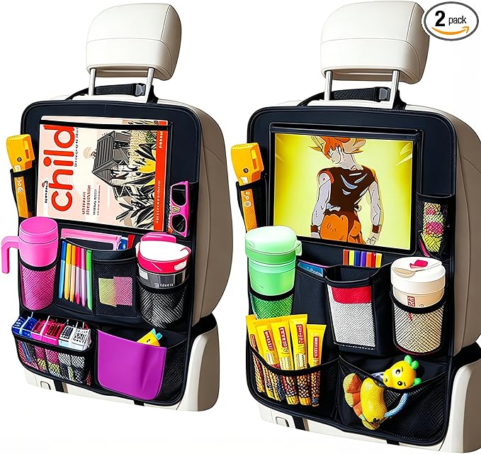 Car Organizer Kick Mats Back Seat Protector, Car Back Seat Organizer with Tablet Holder Pocket for Kids, Travel Accessories with 10 Storage Pockets, 2 Pack