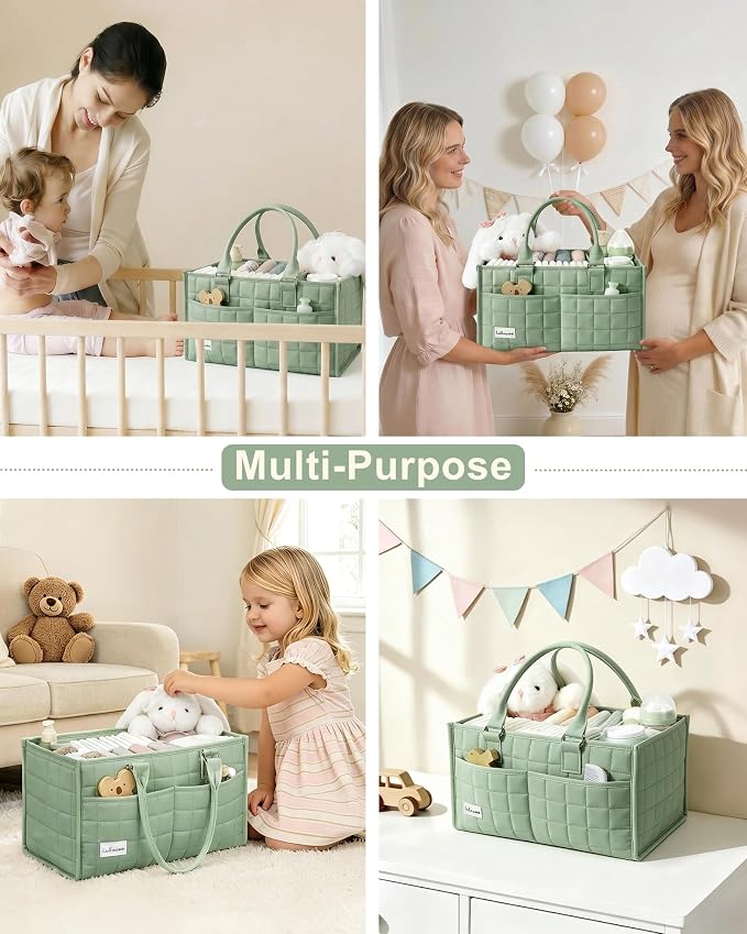 Baby Diaper Caddy Organizer, Portable Nursery Storage Basket with Handle for Newborn Boy or Girl, Gift for Baby Shower Essentials, Registry Must Have Bag, Caddie Car Organizer, Green