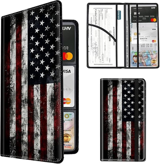 Car Registration and Insurance Holder,Leather Insurance License and Registration Card Holder for Car Glove Box, Auto Truck Document Holder Organizer for Men Women-Vintage American Flag