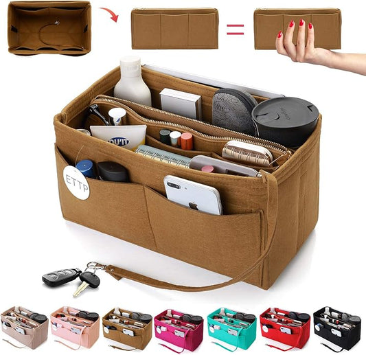 Purse Organizer Insert, Felt Tote Organizer Insert With Metal Zipper, Handbag Organizer For Speedy, Neverfull, Tote, Handbag, 7 Colors 5 Sizes