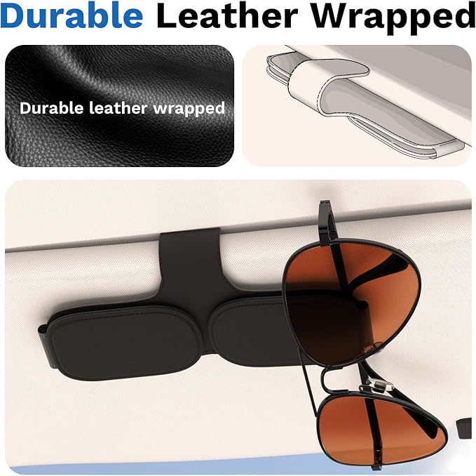 BFXM Sunglass Holder for Car Double Clip, Car Accessories Sunglasses Clip for Car Visor, Magnetic Leather for Car Visor, Cars Sun Visor Ticket Card Clip