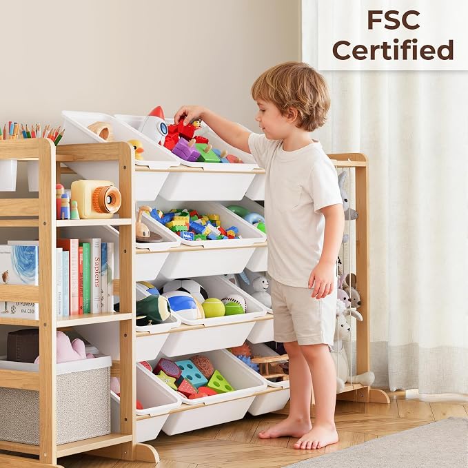 Toy Storage Organizer with Bookshelf and Stuffed Animal Storage - Playroom Organization with Shelves and 12 Bins - Living Room Box for Lego - Bedroom Decor Essential