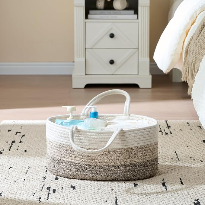 luxury little Diaper Caddy Organizer, Large Cotton Rope Nursery Baby Basket, Changing Table Organizer for Baby Diaper Storage, Portable Car Organizer Removable Divider (Gradient Brown, Extra Large)