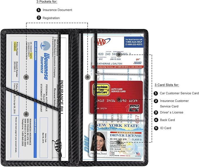 TOURSUIT Car Registration and Insurance Card Holder, Vehicle License Document Glove Box Compartment Organizer, Interior Car Accessories for Women Men (Carbon Fiber Black)