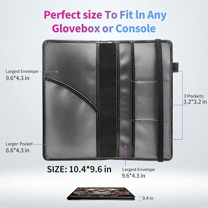 Car Registration and Insurance Holder,Leather Insurance License and Registration Card Holder for Car Glove Box, Auto Truck Document Holder Organizer for Men Women-Sugar kull with Roses Gothic Art