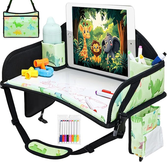 Kids Travel Tray, Car Seat Tray for kids Travel, Toddler Road Trip Essentials With Drawing Kit, Toddler Lap Desk Organizer for Car, Carseat Table for Airplane