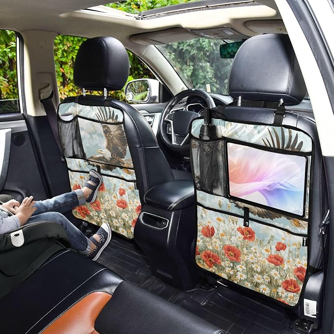 Blue Eagle Poppy and Daisy Flowers 1 Pack Backseat Car Organizer with Storage Pockets Seat Back Organizers for Kids Kick Mats Backseat Protector Automotive